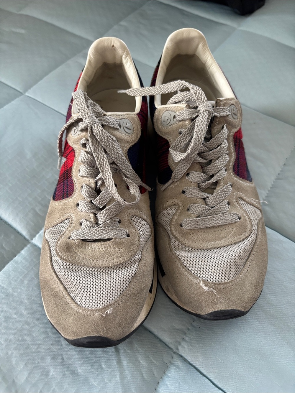 Golden Goose Beige and Red Plaid Athletic Sneakers